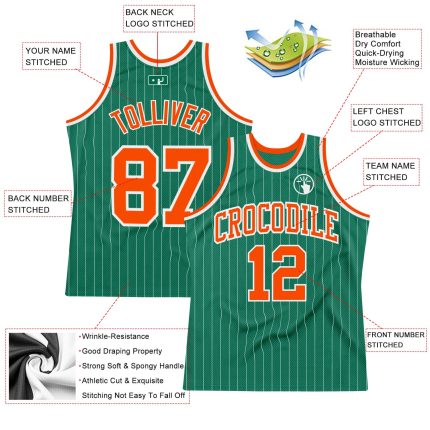 Customizable Kelly Green Pinstripe Basketball Jersey with Orange Details - Personalized Team Name & Number Personalized Kelly