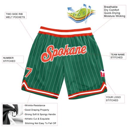 Custom Name & Number Authentic Basketball Shorts in Kelly Green with White Pinstripe & Orange-White, Personalized Team Gear