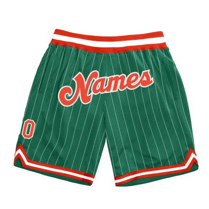 Custom Name & Number Authentic Basketball Shorts in Kelly Green with White Pinstripe & Orange-White, Personalized Team Gear