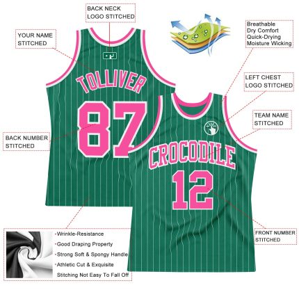 Custom Personalized Basketball Jersey with Pink and White Pinstripes - Kelly Green, Team Name & Number Personalized Kelly