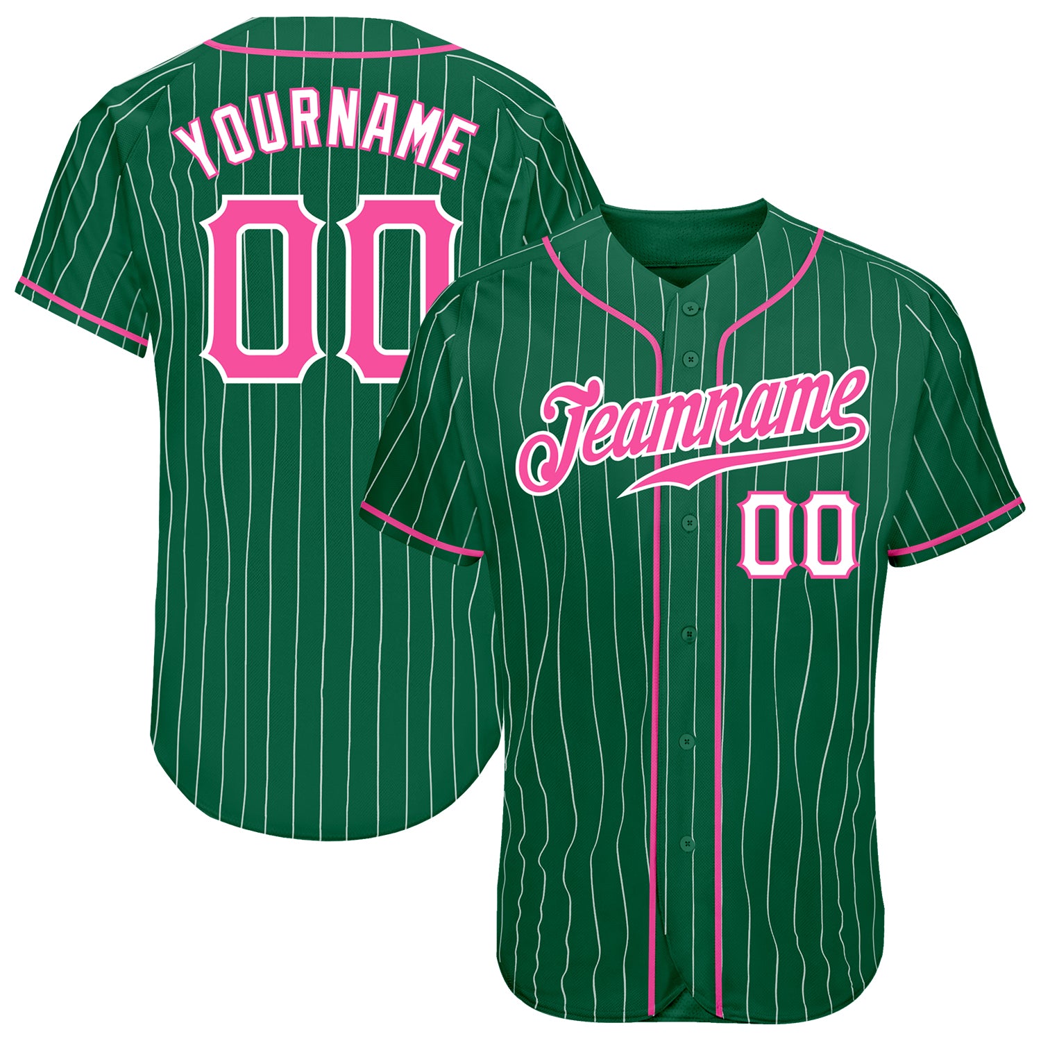 Custom Name and Number Personalized Baseball Jersey - Kelly Green White Pinstripe Pink White Authentic Team Apparel Personalized
