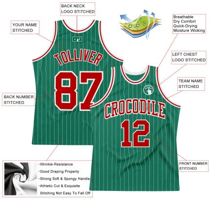 Custom Basketball Jersey - Personalized Kelly Green White Red Pinstripe with Name and Number - Authentic Team Jersey Personalized