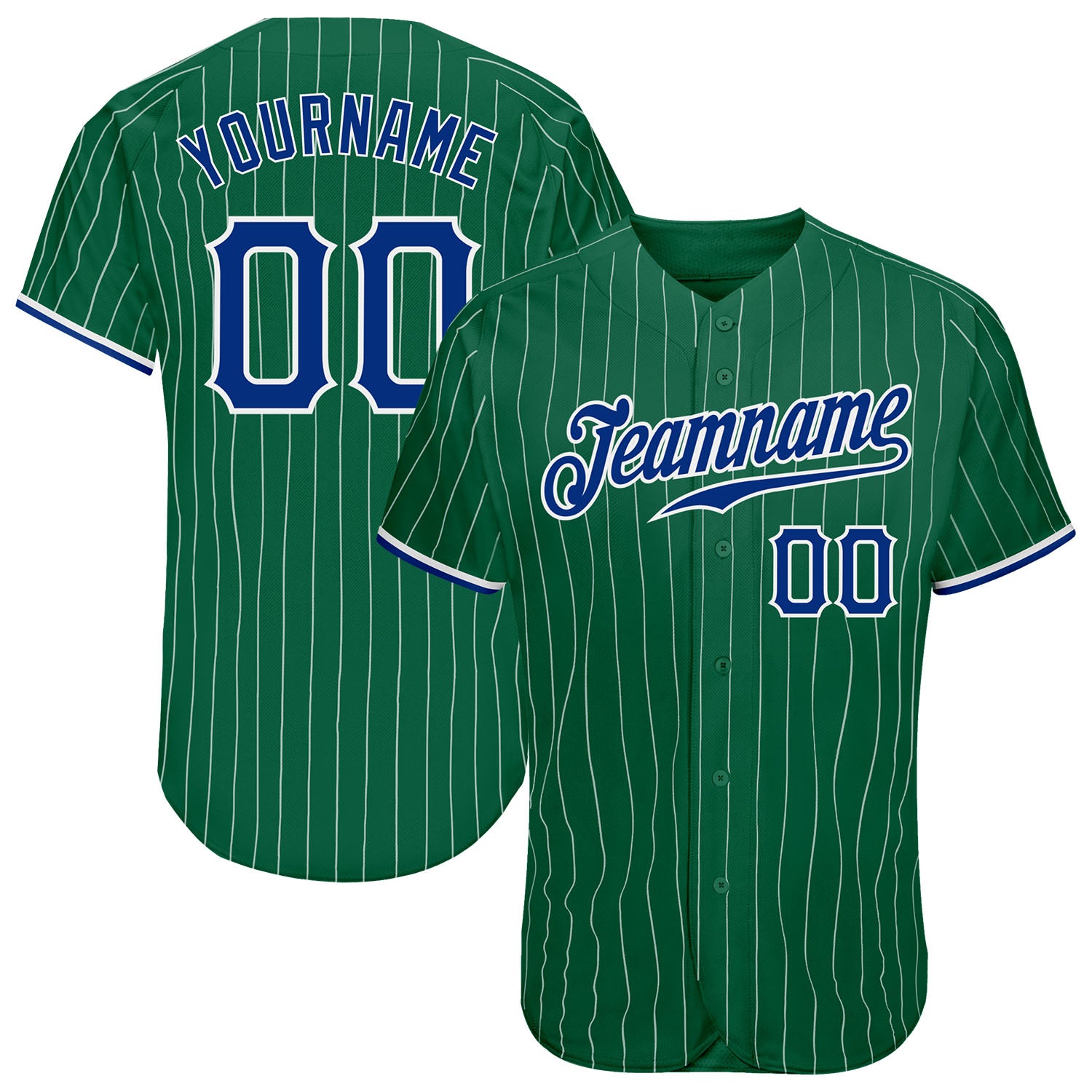 Personalized Custom Name and Number Baseball Jersey in Kelly Green with White Pinstripe Design - Authentic Royal-White Team Gear