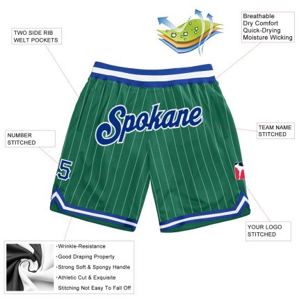 Custom Name and Number Basketball Shorts - Kelly Green White Pinstripe Royal-White Authentic Team Sports Apparel Personalized