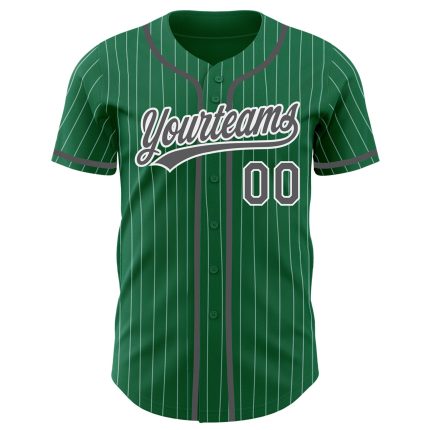 Custom Name and Number Authentic Baseball Jersey - Kelly Green White Pinstripe Steel Gray Personalized Kelly Green White