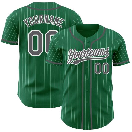 Custom Name and Number Authentic Baseball Jersey - Kelly Green White Pinstripe Steel Gray Personalized Kelly Green White
