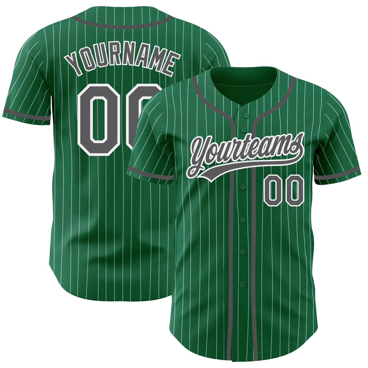 Custom Name and Number Authentic Baseball Jersey - Kelly Green White Pinstripe Steel Gray Personalized Kelly Green White