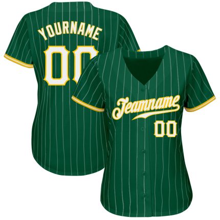 Custom Name & Number Authentic Baseball Jersey - Kelly Green & White Pinstripe, White-Gold Personalized Kelly Green White