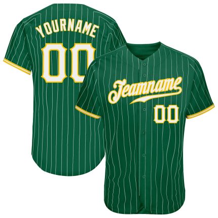Custom Name & Number Authentic Baseball Jersey - Kelly Green & White Pinstripe, White-Gold Personalized Kelly Green White