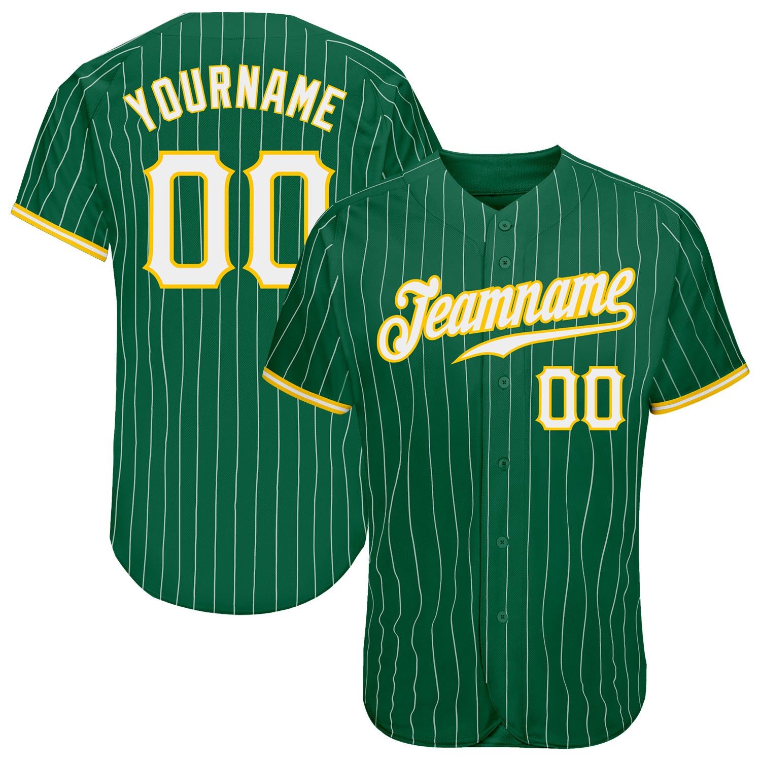 Custom Name & Number Authentic Baseball Jersey - Kelly Green & White Pinstripe, White-Gold Personalized Kelly Green White