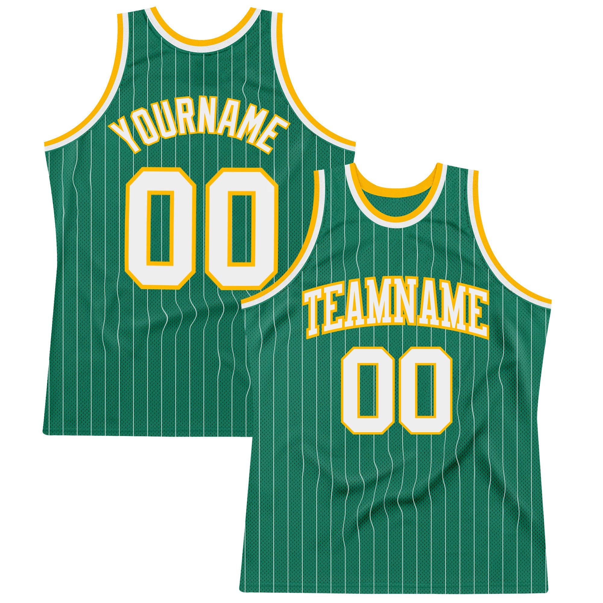 Personalized Kelly Green Pinstripe Basketball Jersey - White-Gold Authentic Design Personalized Kelly Green White Pinstripe