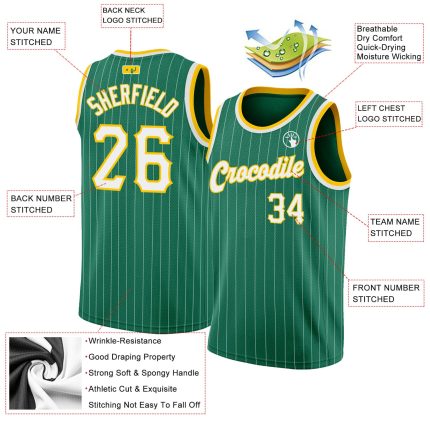 Custom Name and Number Authentic Basketball Jersey - Kelly Green White Pinstripe, White-Gold, Personalized Team Gear Personalized
