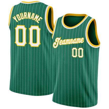 Custom Name and Number Authentic Basketball Jersey - Kelly Green White Pinstripe, White-Gold, Personalized Team Gear Personalized