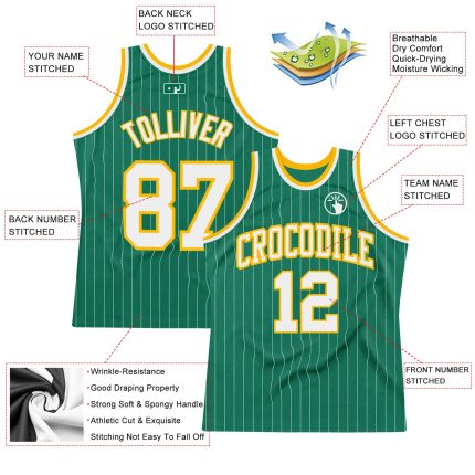 Personalized Kelly Green Pinstripe Basketball Jersey - White-Gold Authentic Design Personalized Kelly Green White Pinstripe