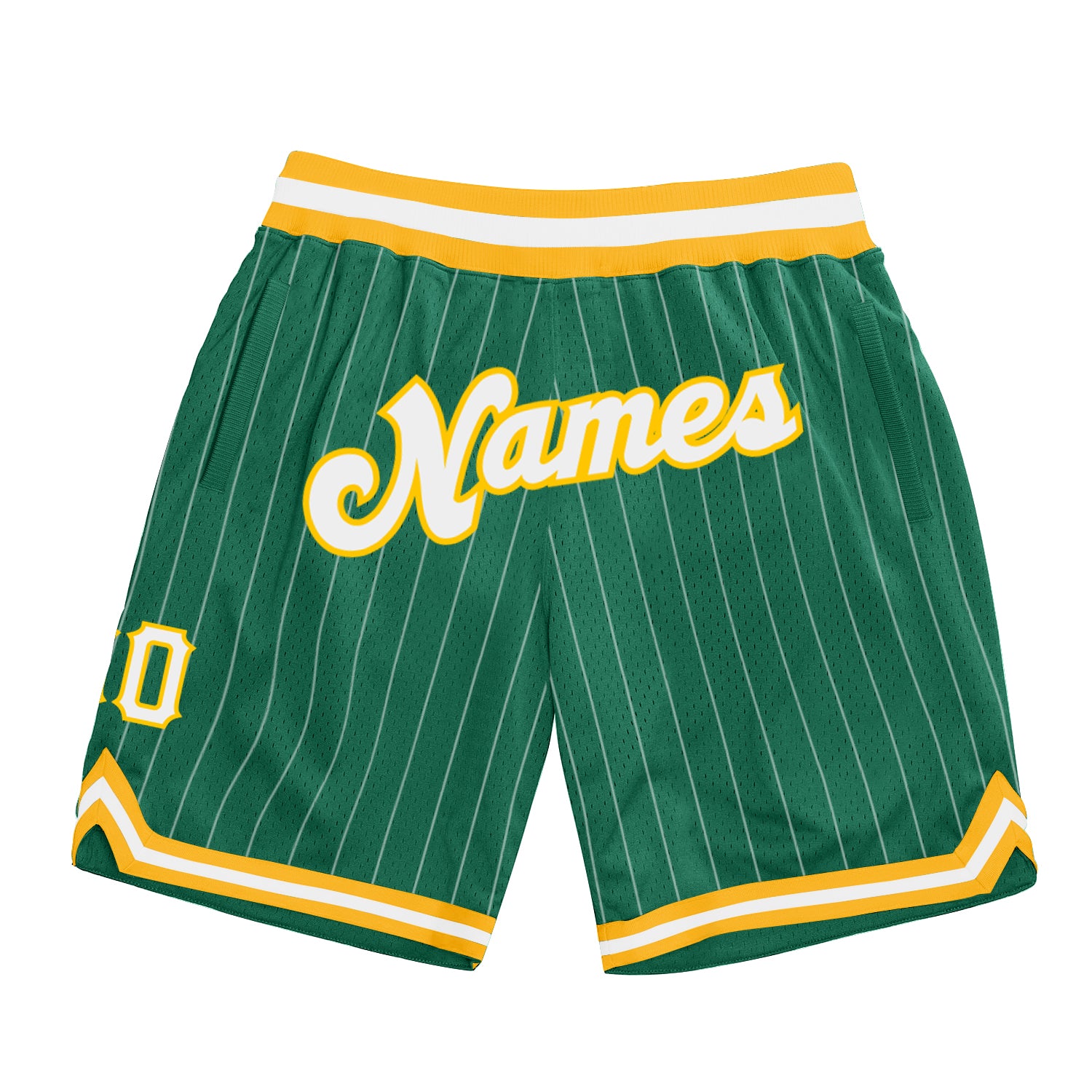 Custom Team Name Number Basketball Shorts White-Gold Pinstripe Kelly Green Authentic Personalized Kelly Green White Pinstripe