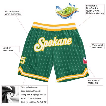 Custom Team Name Number Basketball Shorts White-Gold Pinstripe Kelly Green Authentic Personalized Kelly Green White Pinstripe