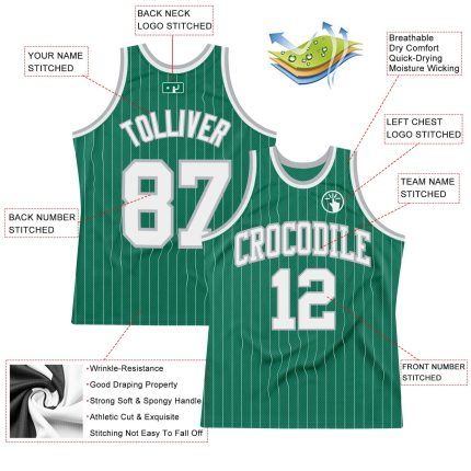 Personalized Kelly Green and White Pinstripe Authentic Basketball Jersey Personalized Kelly Green White Pinstripe White-Gray