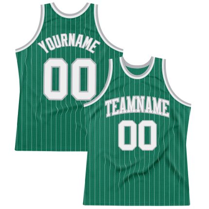 Personalized Kelly Green and White Pinstripe Authentic Basketball Jersey Personalized Kelly Green White Pinstripe White-Gray