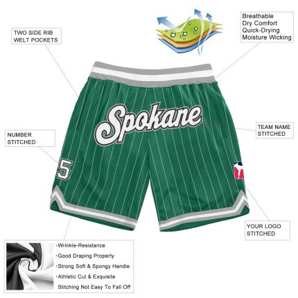 Custom Name and Number Authentic Basketball Shorts in Kelly Green White Pinstripe - Team Apparel for Fans Personalized Kelly