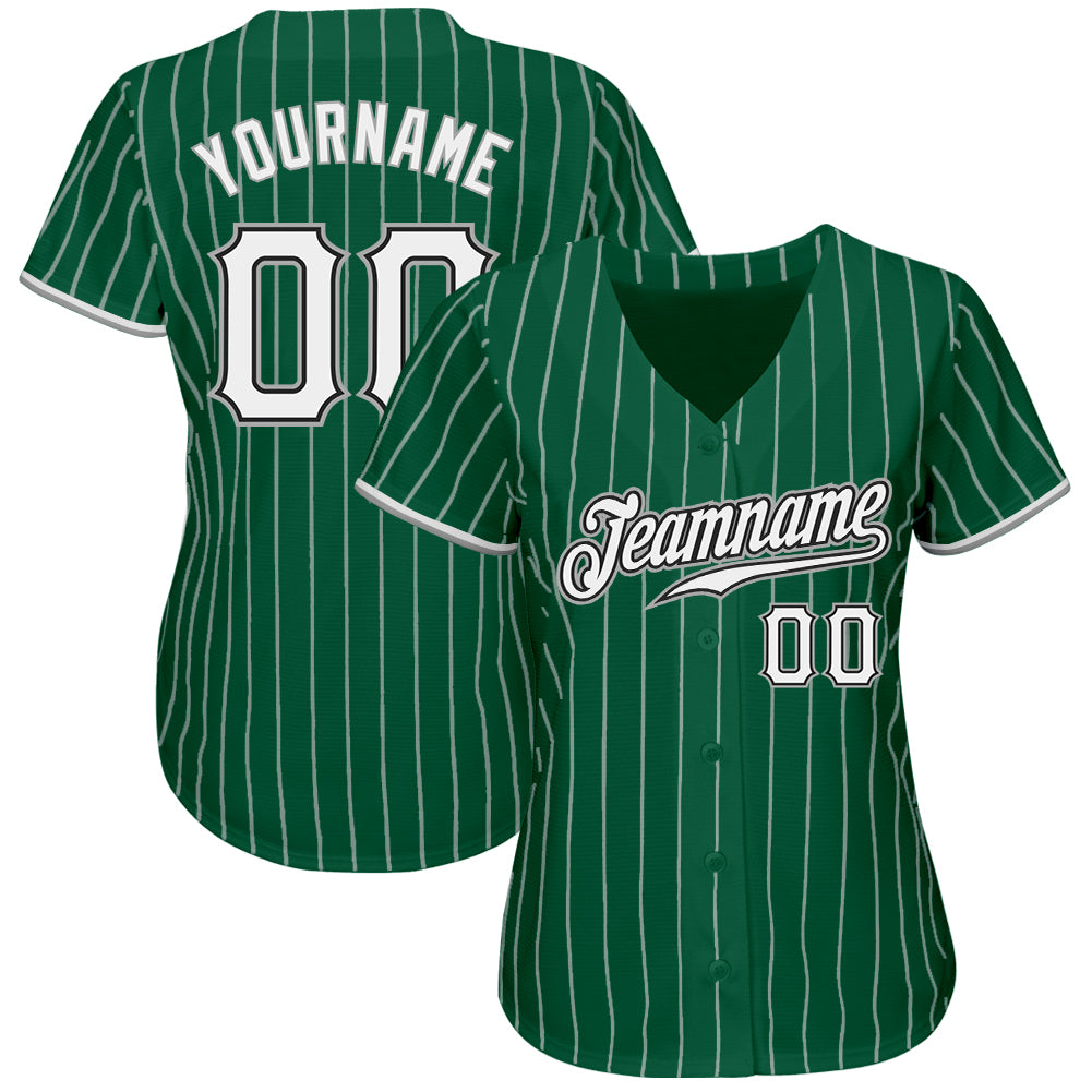 Custom Name and Number Authentic Softball Jersey in Kelly Green with White Gray Pinstripes Personalized Kelly Green White