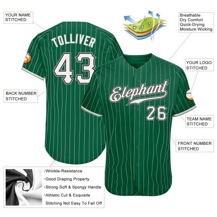 Custom Name and Number Authentic Softball Jersey in Kelly Green with White Gray Pinstripes Personalized Kelly Green White