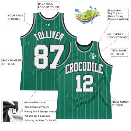 Custom Kelly Green Pinstripe Basketball Jersey with Name and Number - Authentic Team Jersey in White and Gray-Black Personalized
