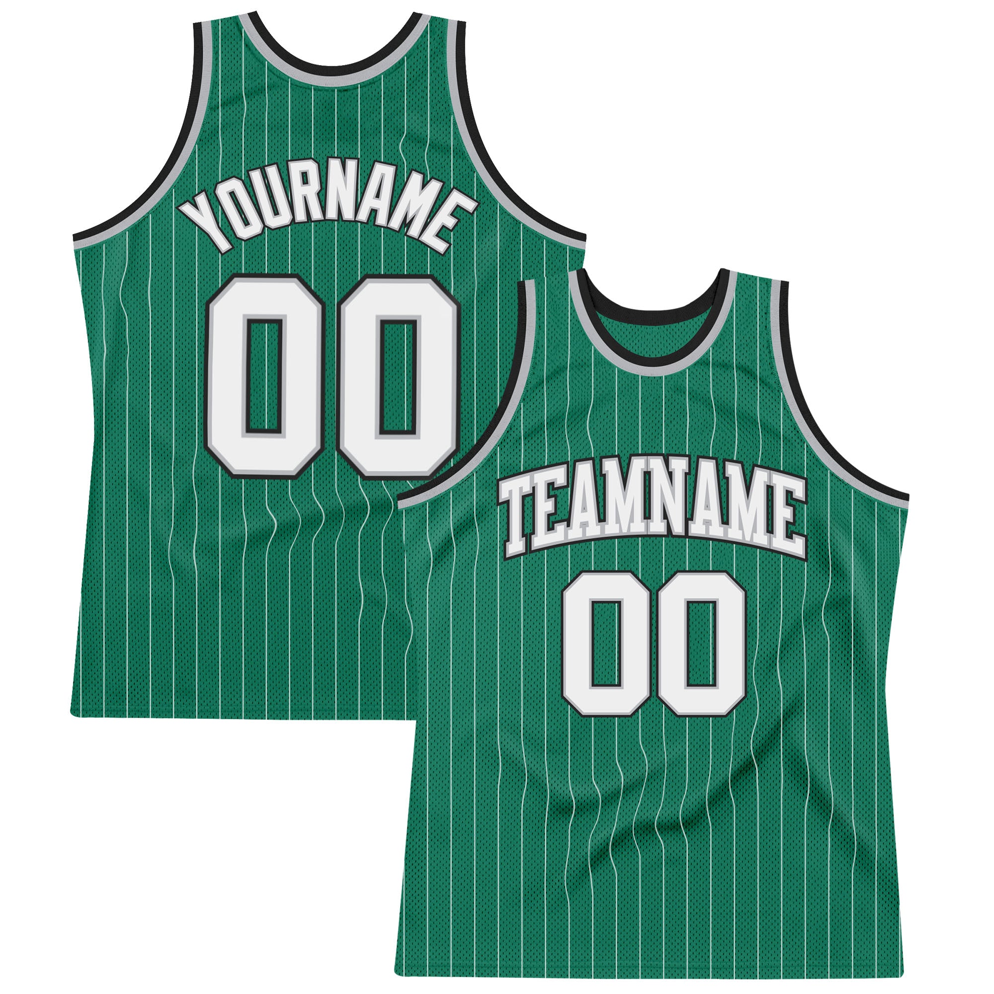 Custom Kelly Green Pinstripe Basketball Jersey with Name and Number - Authentic Team Jersey in White and Gray-Black Personalized
