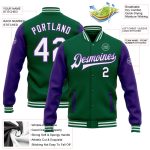 Custom Name and Number Two Tone Bomber Jacket - Kelly Green White-Purple Varsity Full-Snap Letterman Jacket Personalized