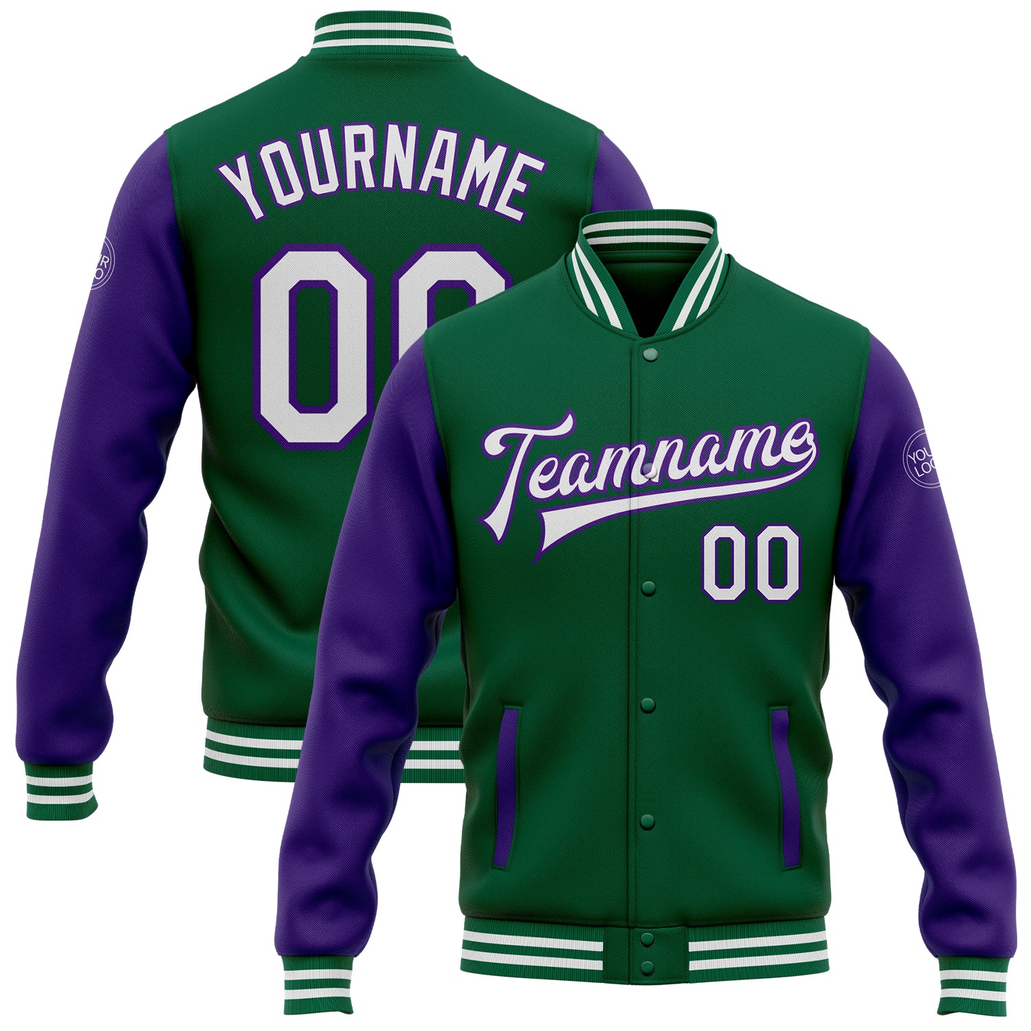 Custom Name and Number Two Tone Bomber Jacket - Kelly Green White-Purple Varsity Full-Snap Letterman Jacket Personalized