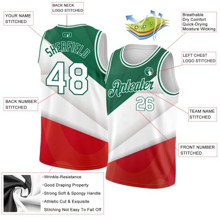 Custom Name Number Mexico Basketball Jersey 3D Authentic in Kelly Green White-Red Personalized Kelly Green White-Red 3D Mexico