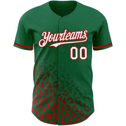 Custom Leopard Print Baseball Jersey with Name & Number - Kelly Green White-Red 3D Pattern Authentic Fashion Team Gear Personalized