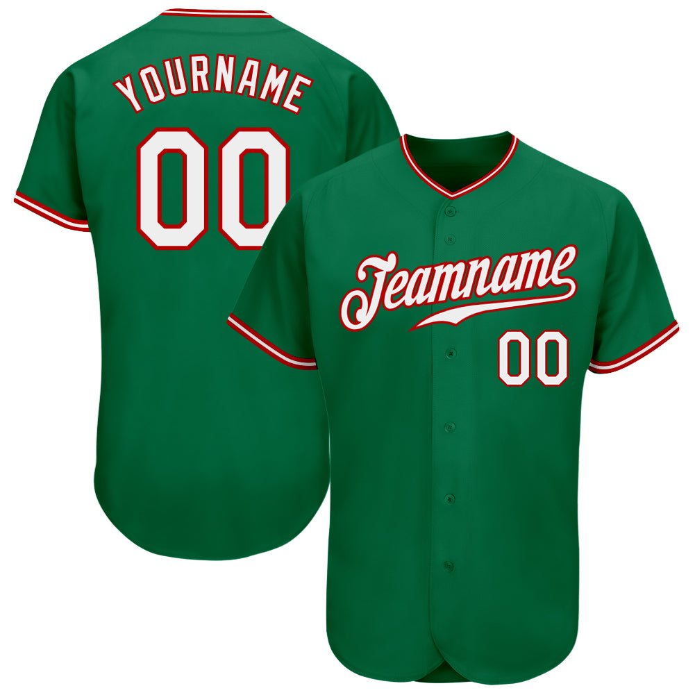 Personalized Authentic Baseball Jersey in Kelly Green with White and Red Trim Personalized Kelly Green White-Red Authentic