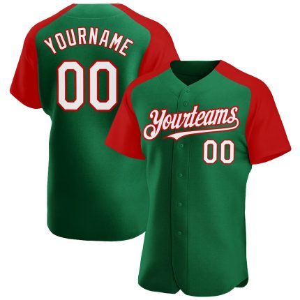 Custom Name Number Baseball Jersey - Authentic Kelly Green White-Red Raglan Sleeves Personalized Kelly Green White-Red Authentic