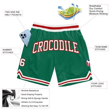 Custom Team Name Number Authentic Kelly Green and White-Red Throwback Basketball Shorts Personalized Kelly Green White-Red