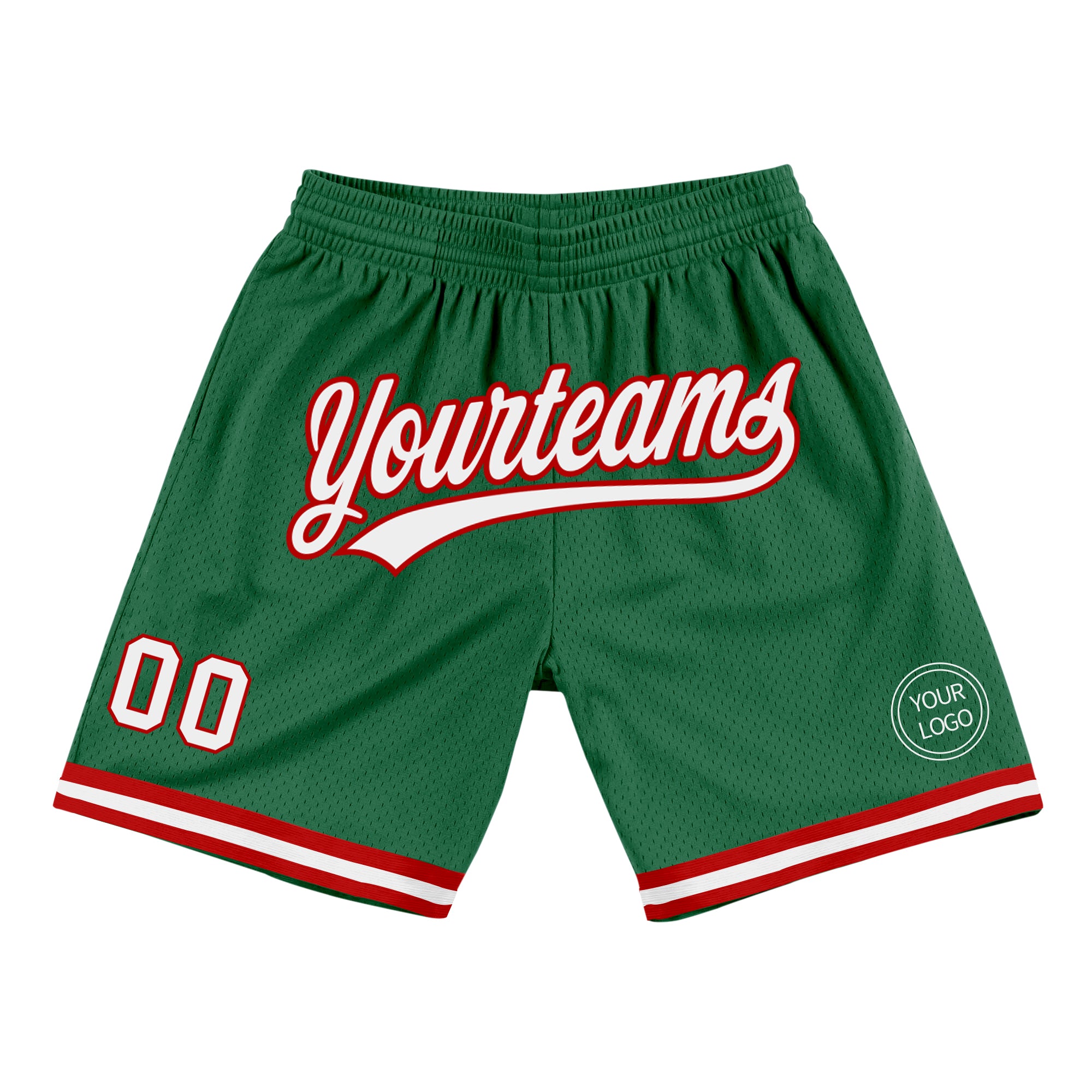 Personalized Authentic Throwback Basketball Shorts in Kelly Green with White-Red Accents Personalized Kelly Green White-Red