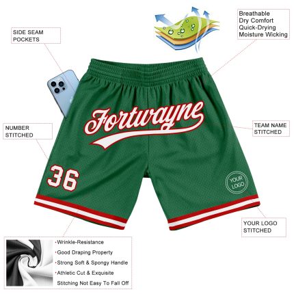 Personalized Authentic Throwback Basketball Shorts in Kelly Green with White-Red Accents Personalized Kelly Green White-Red