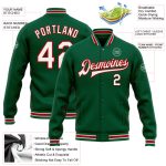 Personalized Varsity Letterman Jacket in Kelly Green with White-Red Trim - Full-Snap Bomber Style Personalized Kelly Green