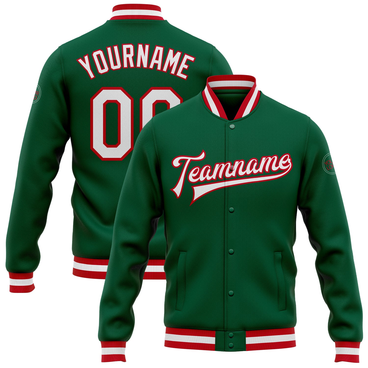 Custom Name and Number Varsity Letterman Jacket Kelly Green White-Red Bomber Full-Snap Personalized Kelly Green White-Red