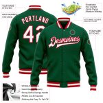 Custom Name and Number Varsity Letterman Jacket Kelly Green White-Red Bomber Full-Snap Personalized Kelly Green White-Red
