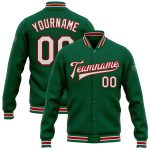 Personalized Varsity Letterman Jacket in Kelly Green with White-Red Trim - Full-Snap Bomber Style Personalized Kelly Green