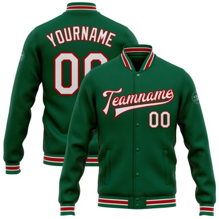 Personalized Varsity Letterman Jacket in Kelly Green with White-Red Trim - Full-Snap Bomber Style Personalized Kelly Green