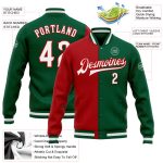 Custom Name & Number Kelly Green Red White Varsity Letterman Bomber Jacket Full-Snap Fashion Team Apparel Personalized Kelly