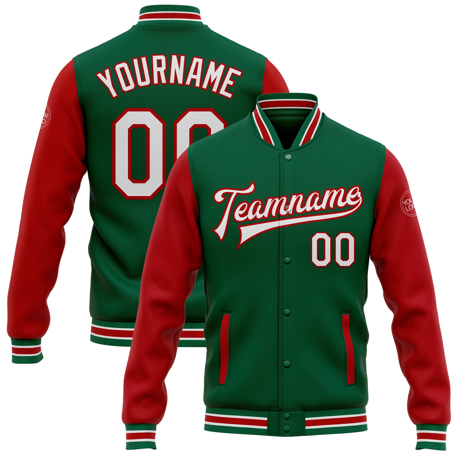 Custom Name and Number Bomber Jacket - Personalized Kelly Green White-Red Varsity Letterman Two Tone Full-Snap Personalized