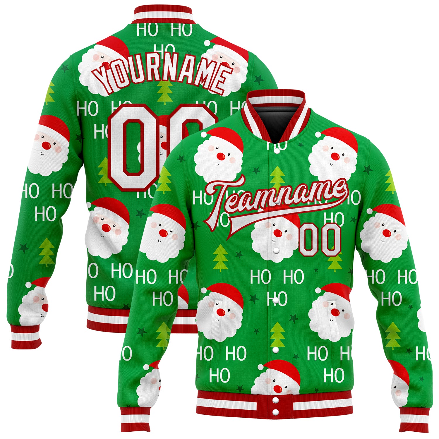 Custom Name & Number 3D Bomber Varsity Jacket in Kelly Green with White-Red Christmas Theme - Full-Snap Letterman Jacket