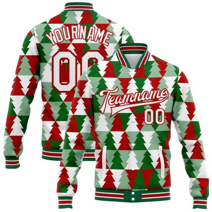 Custom Name Number Kelly Green Red White Christmas Tree 3D Bomber Varsity Letterman Jacket Personalized Kelly Green White-Red