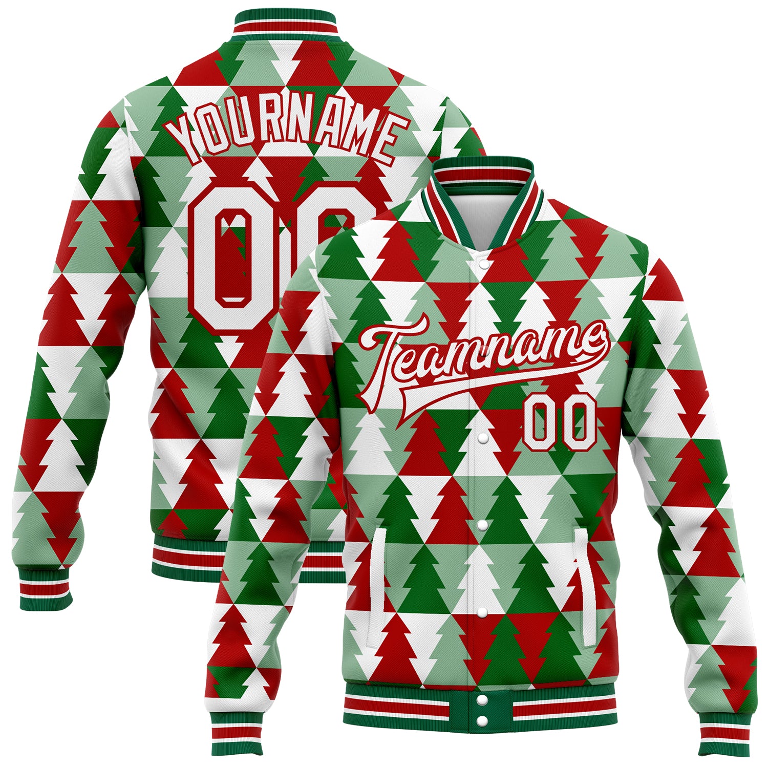Custom Name Number Kelly Green Red White Christmas Tree 3D Bomber Varsity Letterman Jacket Personalized Kelly Green White-Red