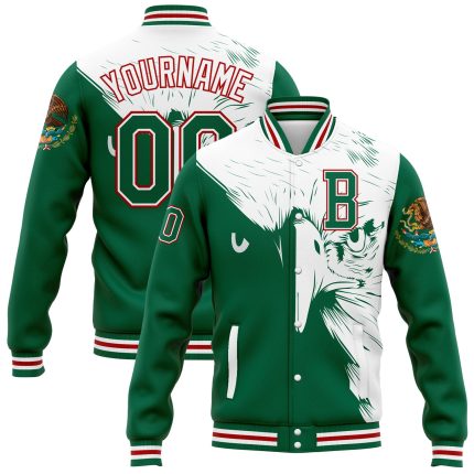 Custom Name and Number Eagles 3D Bomber Varsity Letterman Jacket Kelly Green White-Red Personalized Kelly Green White-Red
