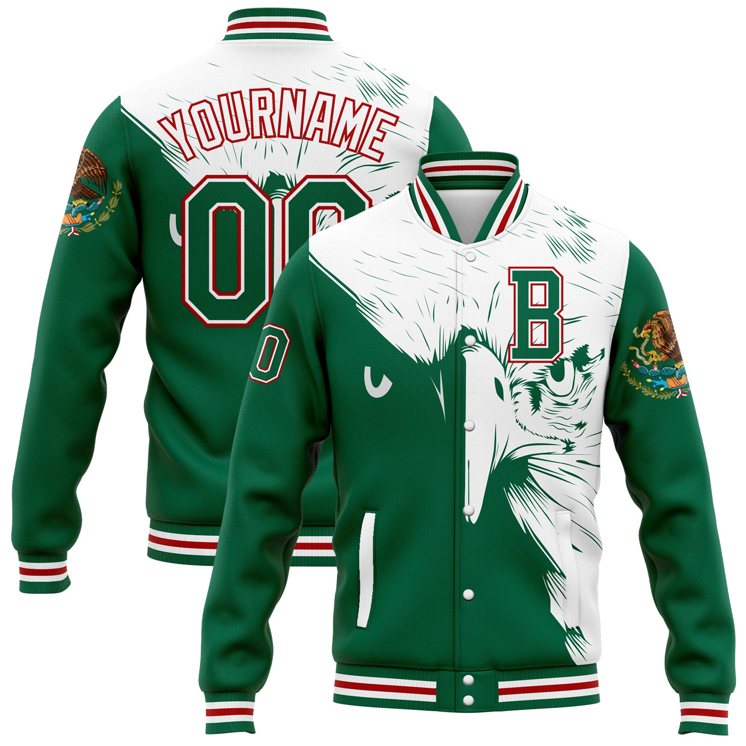 Custom Name and Number Eagles 3D Bomber Varsity Letterman Jacket Kelly Green White-Red Personalized Kelly Green White-Red