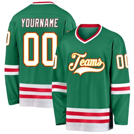 Custom Team Hockey Jersey with Personalized Name & Number - Kelly Green, White-Red Personalized Kelly Green White-Red Hockey