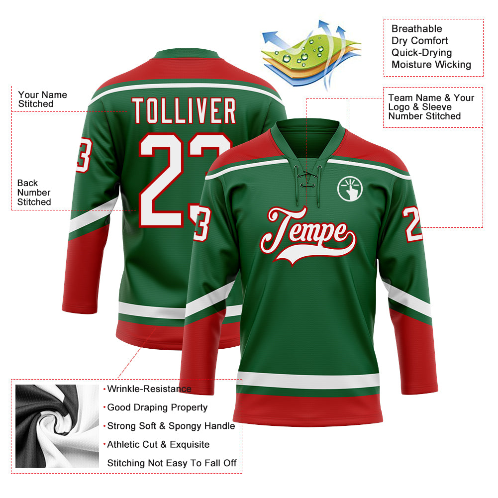 Personalized Kelly Green White-Red Hockey Lace Neck Jersey Team Custom Name and Number Custom Name and Number Hockey Jersey - Personalized Kelly Green White Red Lace Neck Team Apparel Personalized Kelly Green - Image 3